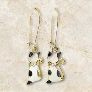 BOUTIQUE Cute Gold Cat Earrings, Black and White, Pet Dangles